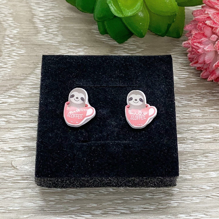 Sloth Earrings, Sloffee, Sloth Coffee Cup, Tiny Shrink Plastic Stud Earrings, Animal Lover Jewelry, Cute Earrings, Unique Studs, Birthday