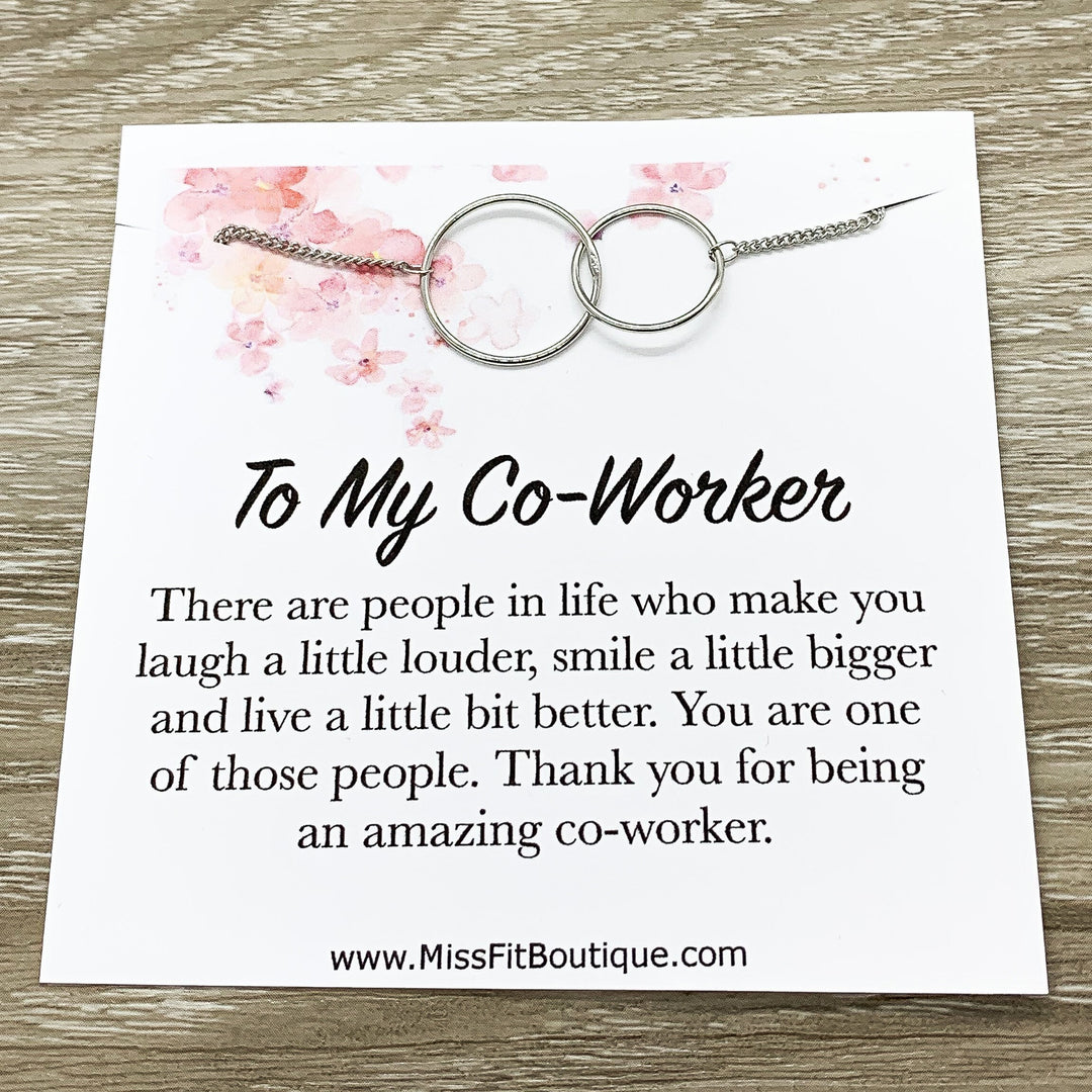 Amazing Coworker, Interlocking Circles Necklace with Card, Gift Box, Rose Gold, Silver