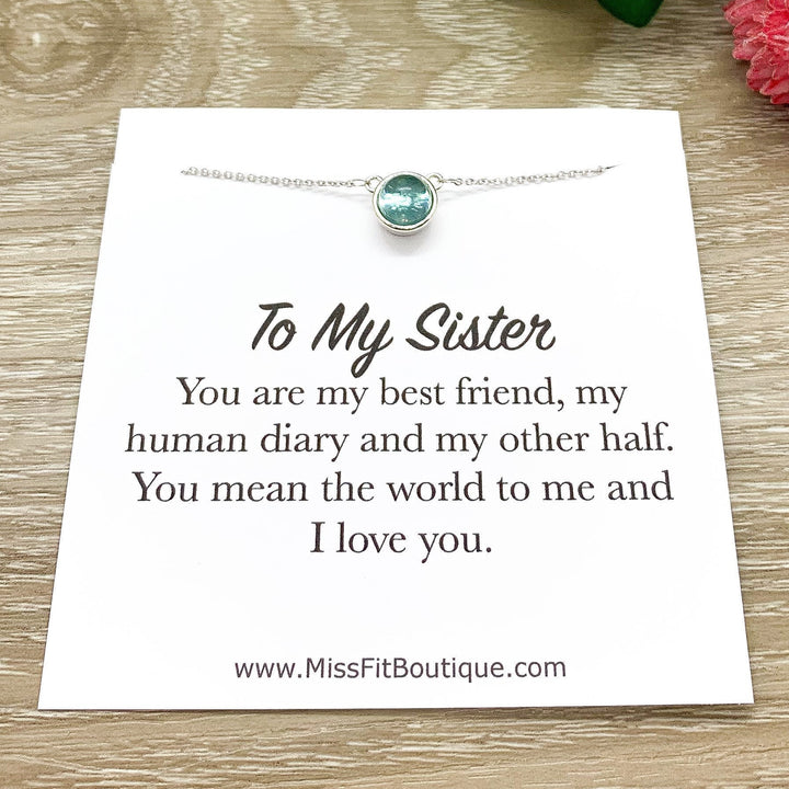 Sister Gift, Aqua Crystal Necklace, Round Necklace Sterling Silver, Minimalist Jewelry, Sentimental Gift, Dainty Necklace with Card