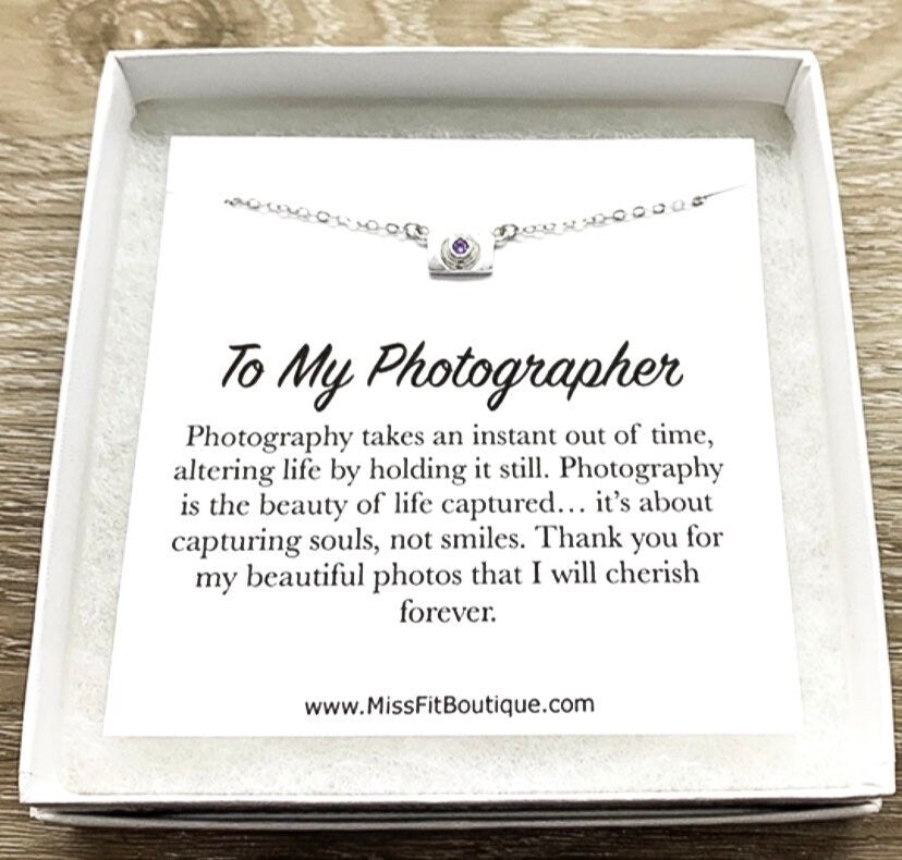 Tiny Camera Necklace with Card, Gift Box, Photographer, Thank You, Sterling Silver