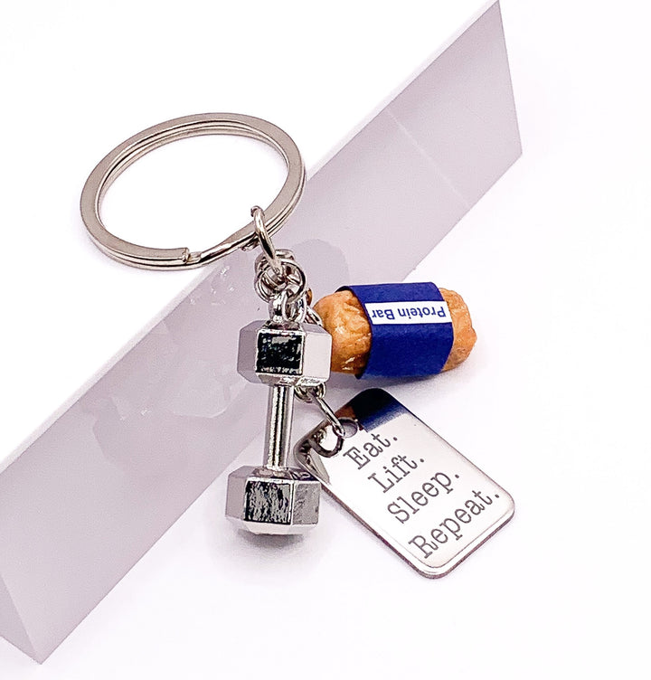 Weightlifting Keychain, Mini Protein Bar, Rat Lift Sleep Repeat, Fitness Gift, Dumbbell Charm, Workout Motivation Gift, Personal Trainer