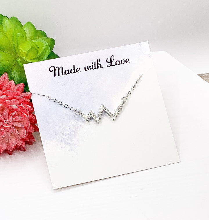 Heartbeat Necklace Sterling Silver, Cubic Zirconia Jewelry, Dainty CZ Necklace, Studded Zigzag Pendant, Mom Necklace, Gift for Daughter