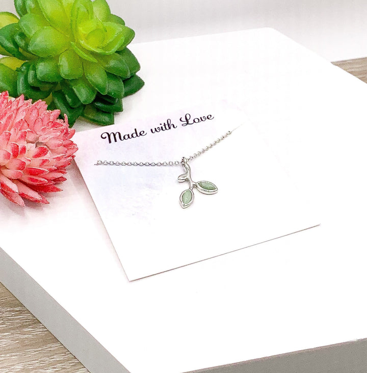 Green Leaf Branch Necklace, Sterling Silver Jewelry, Dainty Necklace, Gardener Gift, Leaves Necklace, Green Enamel Leaf Pendant