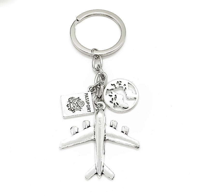 Travel Keychain, Travel Gift, Airplane Charm, Travel Charms, Adventure Keyring, World Globe Keychain, Passport Charm, Gift for Traveler