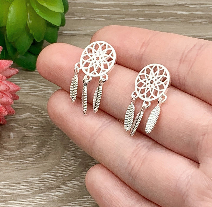 Dreamcatcher Earrings, Sterling Silver Stud Earrings, Tribal Earrings, Boho Jewelry, Native Inspired Gift, Witchcraft Jewelry, Unique Studs