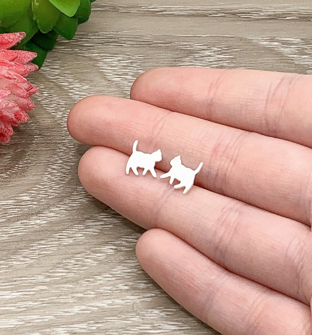 Tiny Cat Earrings, Sterling Silver Stud Earrings, Cat Lover Gift, Gift for Cat Owner, Dainty Jewelry, Crazy Cat Lady Gift, Stocking Stuffers