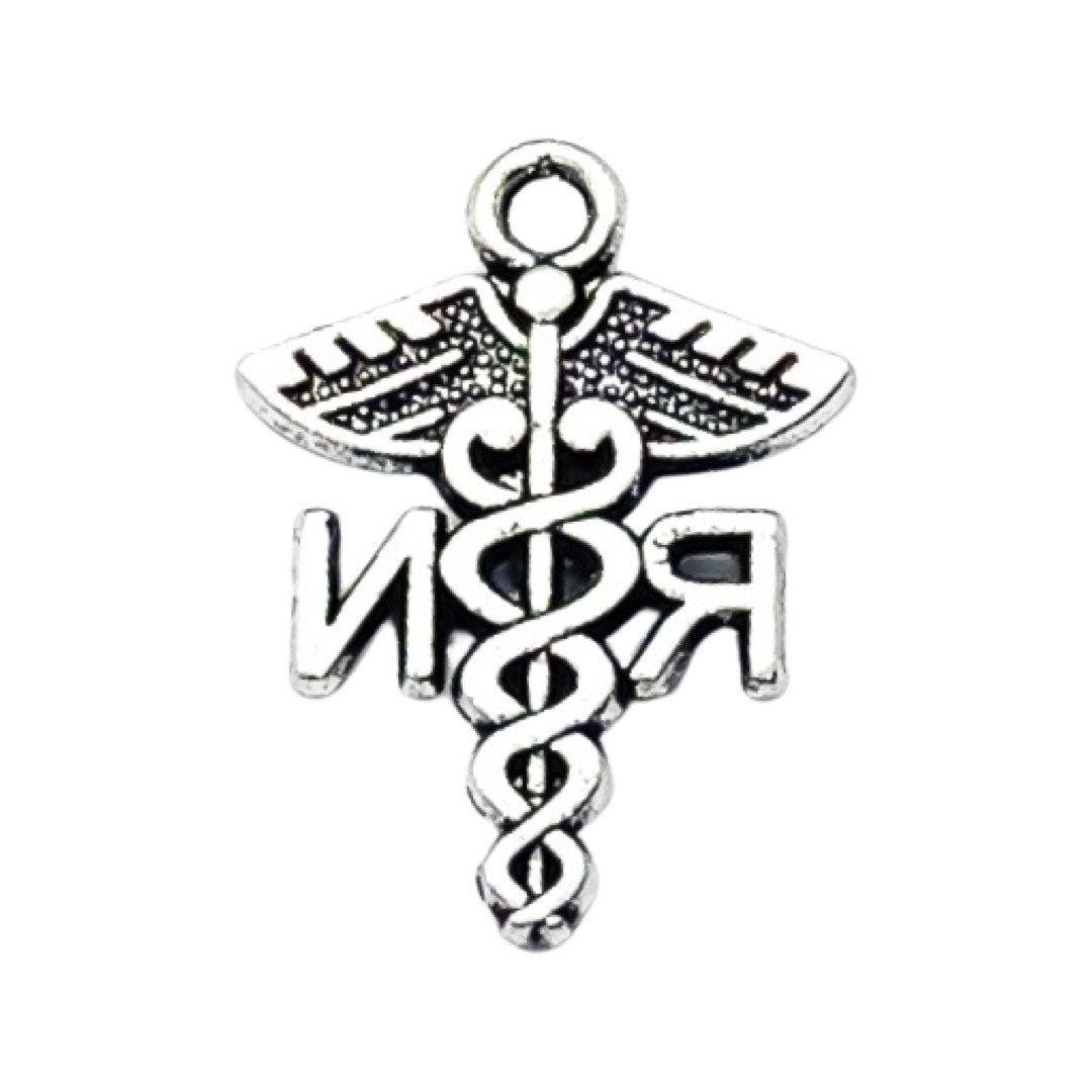 Breloque Caducée RN en argent, Breloque individuelle, Breloque infirmière diplômée, Breloque symbole médical, Breloques soins infirmiers, Breloques biologie, Breloques médicales