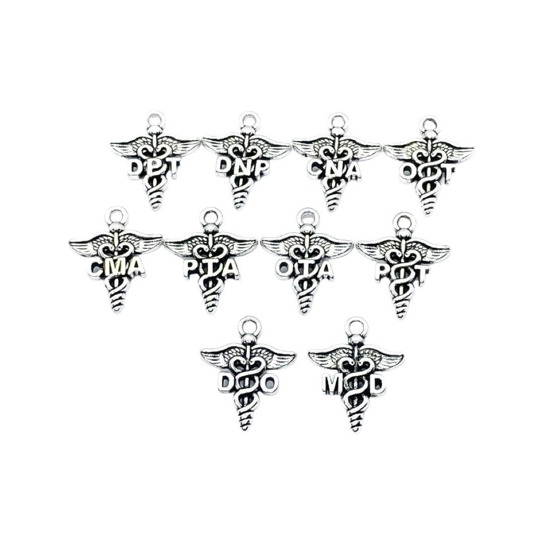 1 Breloque Caducée Argent, Breloques individuelles, Breloque MD, Breloque Symbole Médical, Breloques Soins Infirmiers, Kinésithérapeute, Breloques Médicales, Médecin