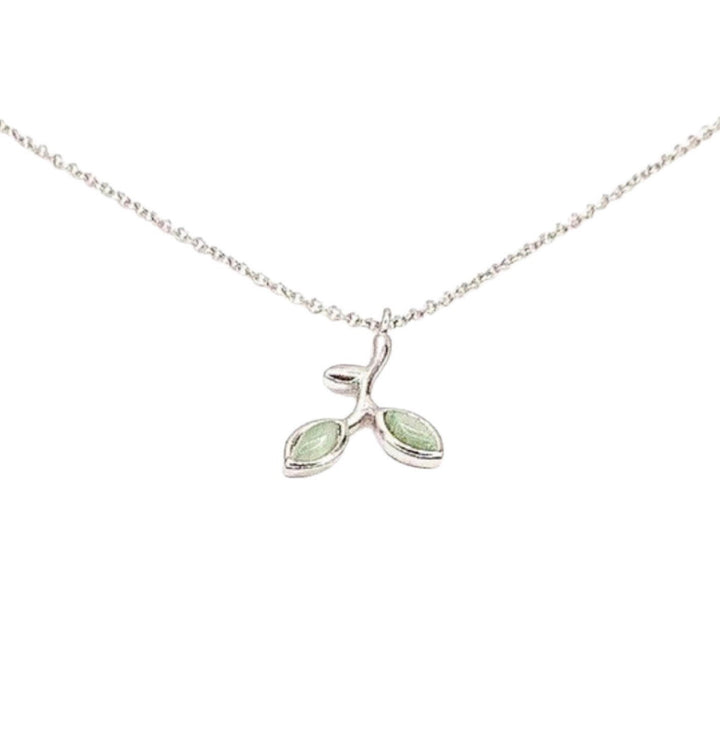 Green Leaf Branch Necklace, Sterling Silver Jewelry, Dainty Necklace, Gardener Gift, Leaves Necklace, Green Enamel Leaf Pendant