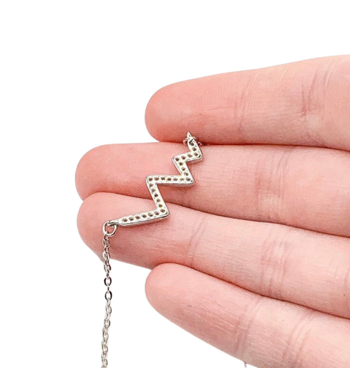 Heartbeat Necklace Sterling Silver, Cubic Zirconia Jewelry, Dainty CZ Necklace, Studded Zigzag Pendant, Mom Necklace, Gift for Daughter