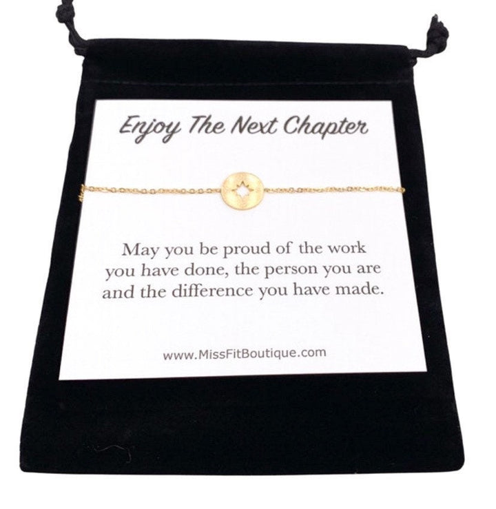 Bracelet boussole, Carte « Profitez du prochain chapitre », Bracelet délicat à chaîne boussole, Cadeau de fin d'études, Cadeau de promotion, Cadeau d'adieu