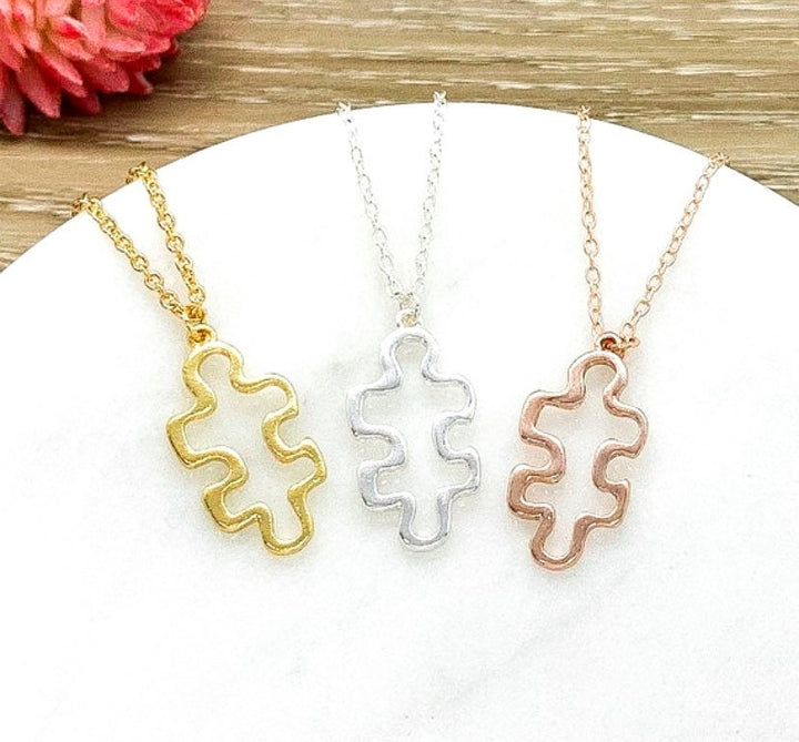 Simple Puzzle Necklace, Rose Gold Jigsaw Puzzle Piece Pendant, Autism Jewelry, Gift for Mom with Child on Spectrum, Special Ed Teacher Gift