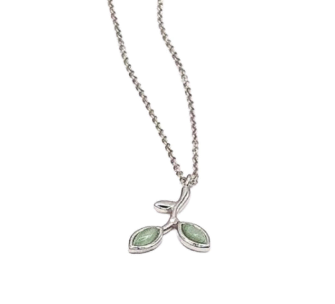 Green Leaf Branch Necklace, Sterling Silver Jewelry, Dainty Necklace, Gardener Gift, Leaves Necklace, Green Enamel Leaf Pendant