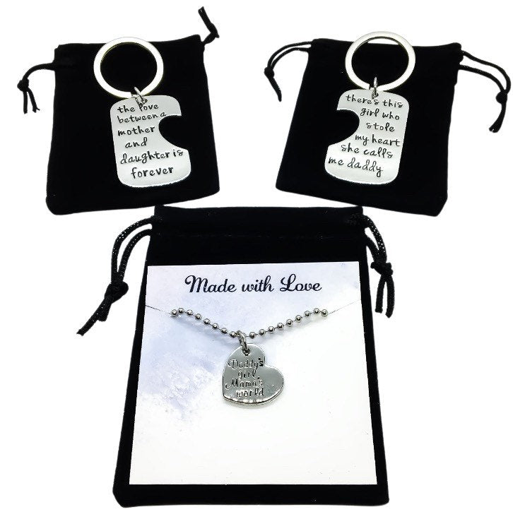 Daddy’s Girl Keychain Set for 2 or 3, Mama’s World Necklace Set, Mother Daughter Gift, Father Daughter Gift, Father’s Day Gift, Graduation