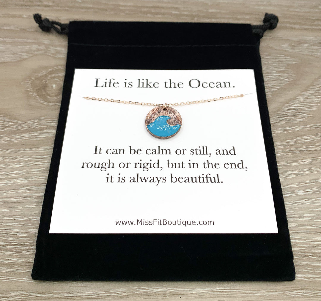 Blue Wave Necklace with Card, Life is Like the Ocean, Rose Gold