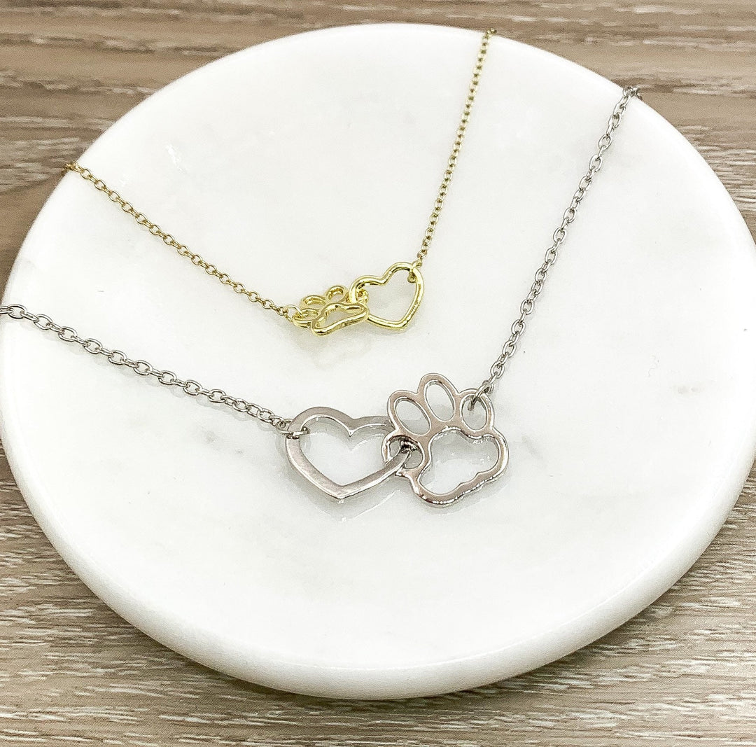 Interlocking Paw Print Necklace, Dainty Paw Pendant, Minimal Pet Jewelry, Cat Lover Gift, Dog Owner, Paw Prints on your Heart, Pet Loss
