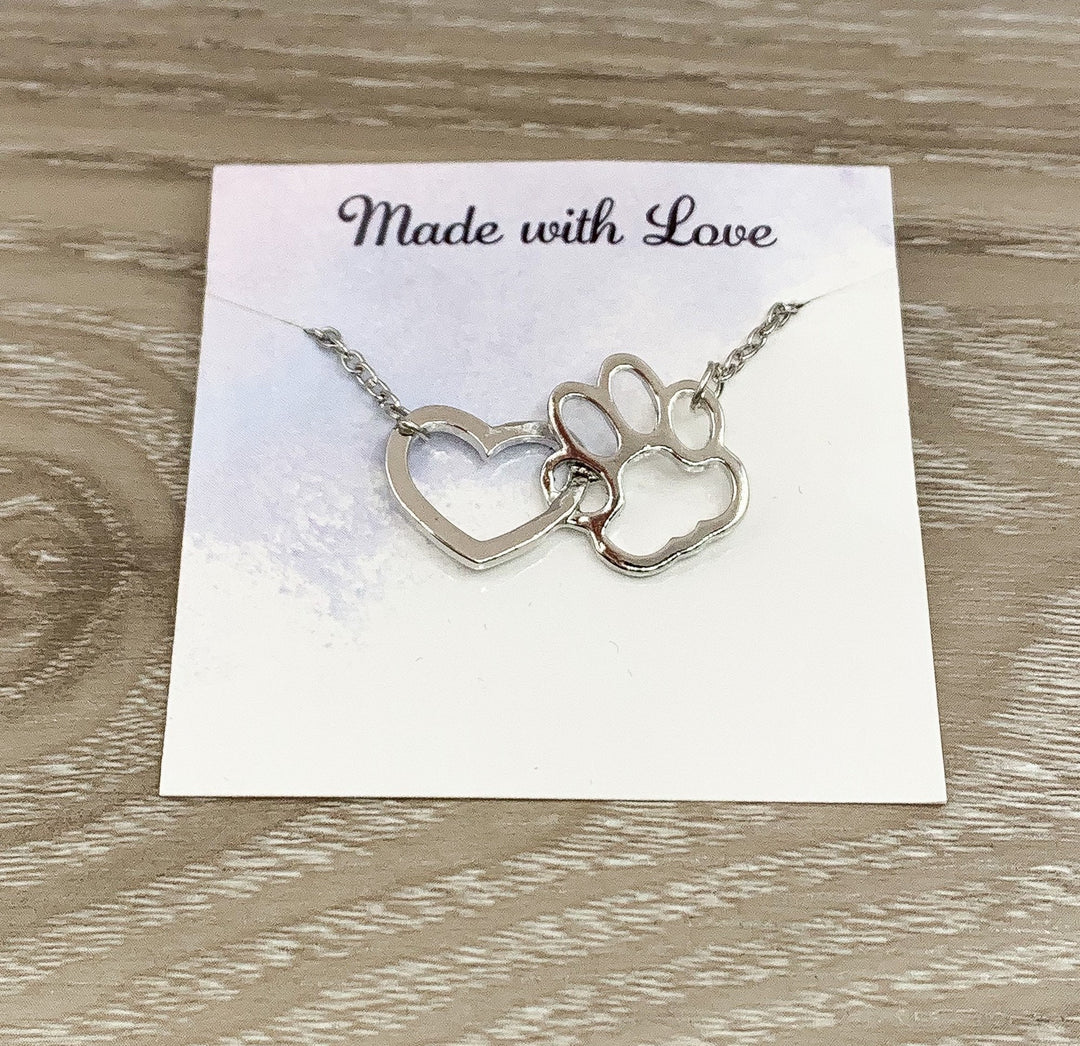 Paw Print Necklace, Interlocking Heart Pendant, Cat Lover Necklace, Gift for Cat Owner, Pet Memorial Gift, Loss of Dog Keepsake, Remembrance