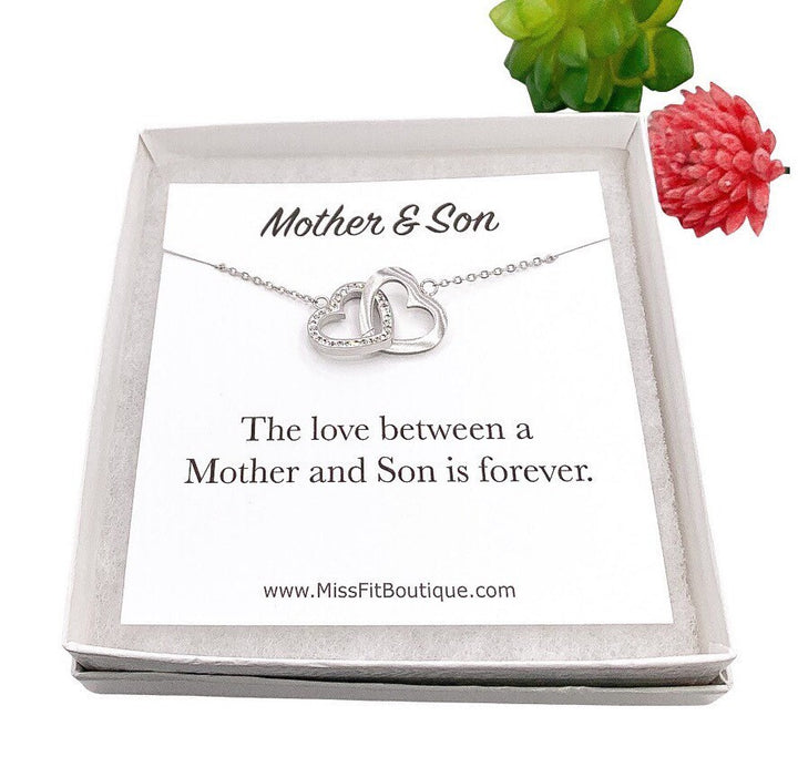 Mother Son Necklace, Gift for Mom from Son, Double Heart Necklace, Two Interlocking Hearts Necklace, Mom Birthday Gift from Son