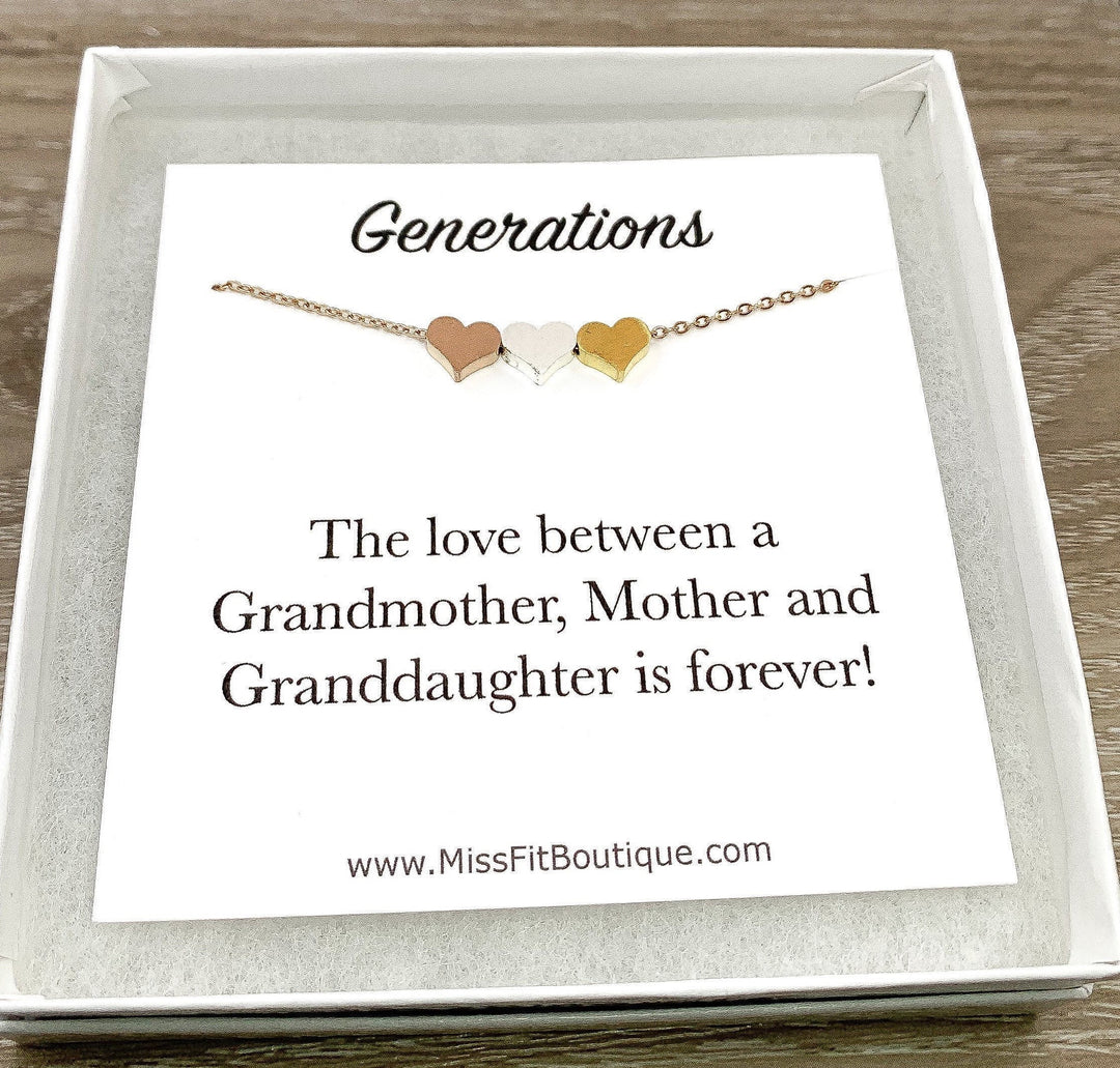 Tiny 3 Hearts Necklace Card, Dainty Heart Necklace, Generations Gift for Mom, Grandmother Necklace, Minimalist Jewelry, Mother Necklace