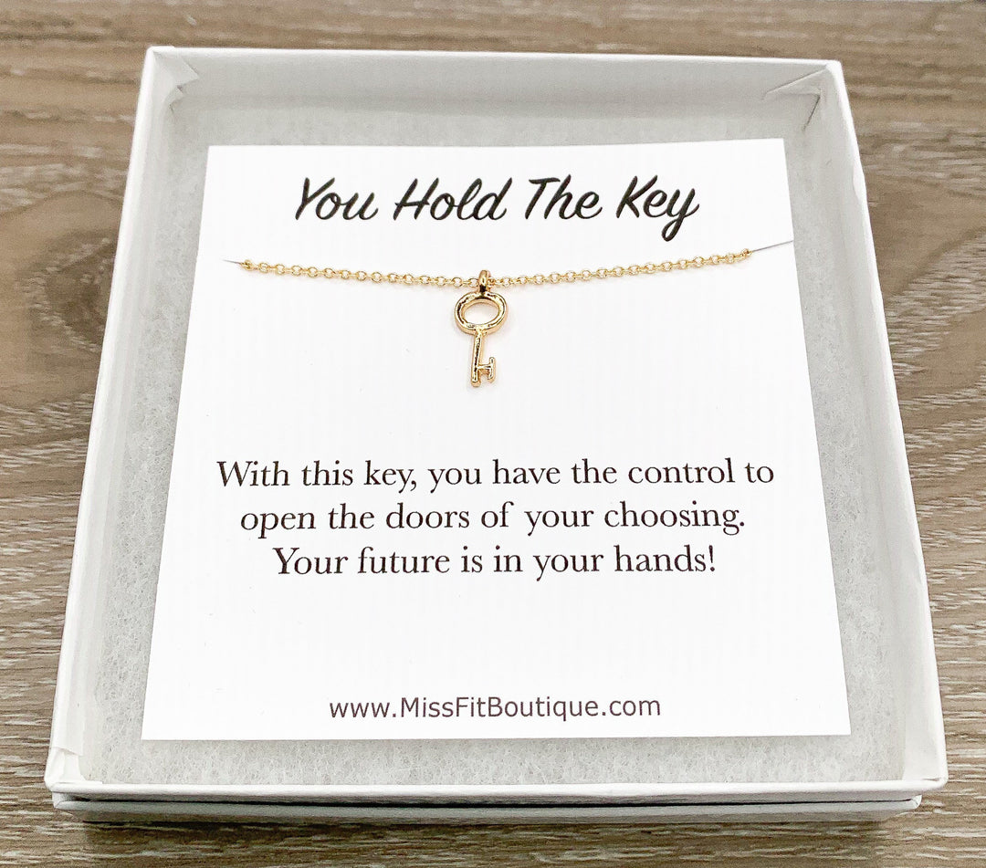 Tiny Silver Key Necklace, You Hold The Key Card, Gift for Student, Friendship Necklace, Key Shaped Pendant, Skeleton Key Charm, Student Gift