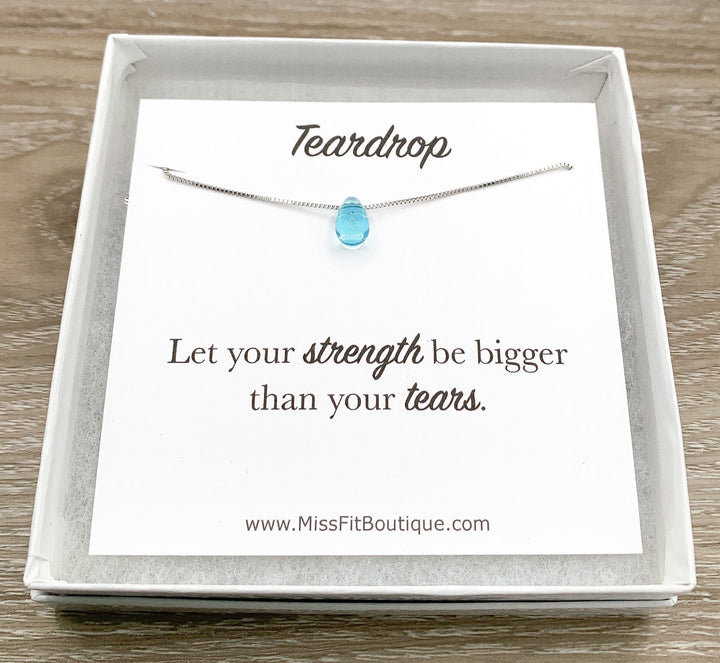 Blue Teardrop Necklace, Strength Quote, Waterdrop Pendant, Let Your Strength Be Bigger Than Your Tears, Uplifting Jewelry, Holiday Gift