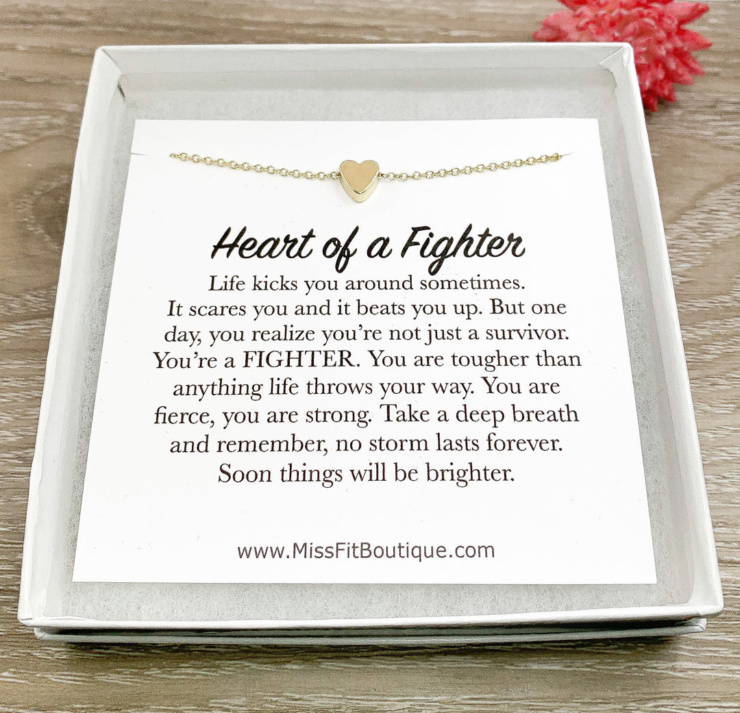 Heart of a Fighter Quote, Strength Gift, Tiny Heart Necklace, Gift for Survivor, Personalized Gift for Women, Encouragement Gift