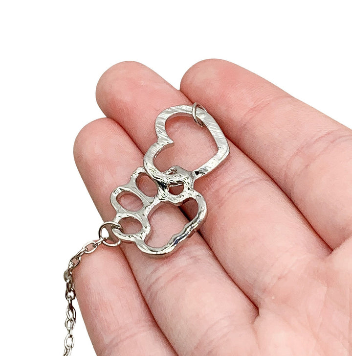Paw Print Necklace, Interlocking Heart Pendant, Cat Lover Necklace, Gift for Cat Owner, Pet Memorial Gift, Loss of Dog Keepsake, Remembrance