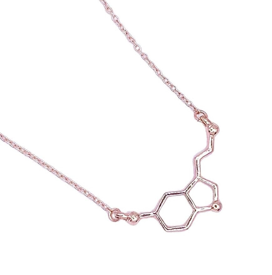 Serotonin Necklace Rose Gold, Molecular Jewelry, Happiness Molecule Pendant, Biology Necklace, Cheer Up Gift, Women Necklaces