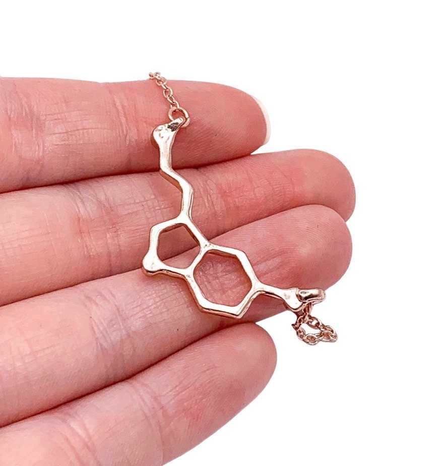 Serotonin Necklace Rose Gold, Molecular Jewelry, Happiness Molecule Pendant, Biology Necklace, Cheer Up Gift, Women Necklaces