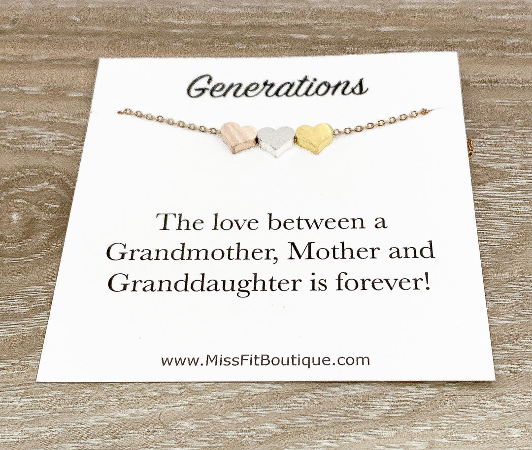 Tiny 3 Hearts Necklace Card, Dainty Heart Necklace, Generations Gift for Mom, Grandmother Necklace, Minimalist Jewelry, Mother Necklace