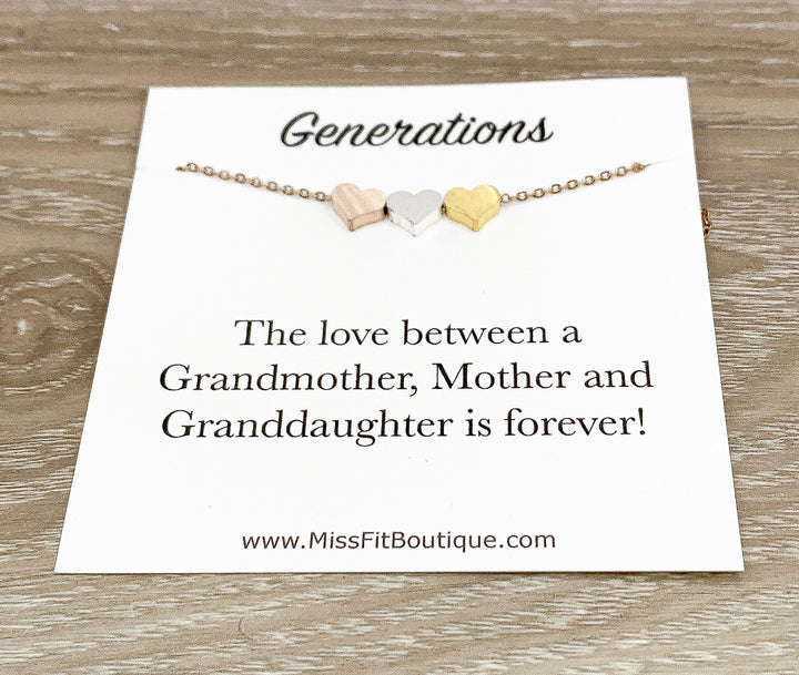 Tiny 3 Hearts Necklace Card, Dainty Heart Necklace, Generations Gift for Mom, Grandmother Necklace, Minimalist Jewelry, Mother Necklace