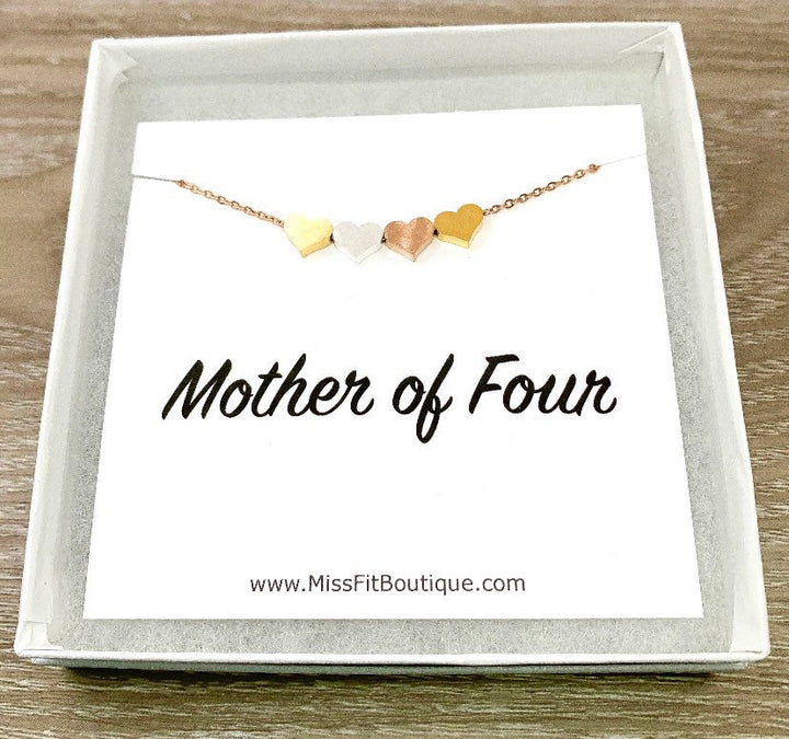 Mother of Four Gift, Tiny 4 Hearts Necklace Card, Mom Necklace, Gift for Mom, Gift for Mom Jewelry, Dainty Hearts Necklace, Gift from Kids