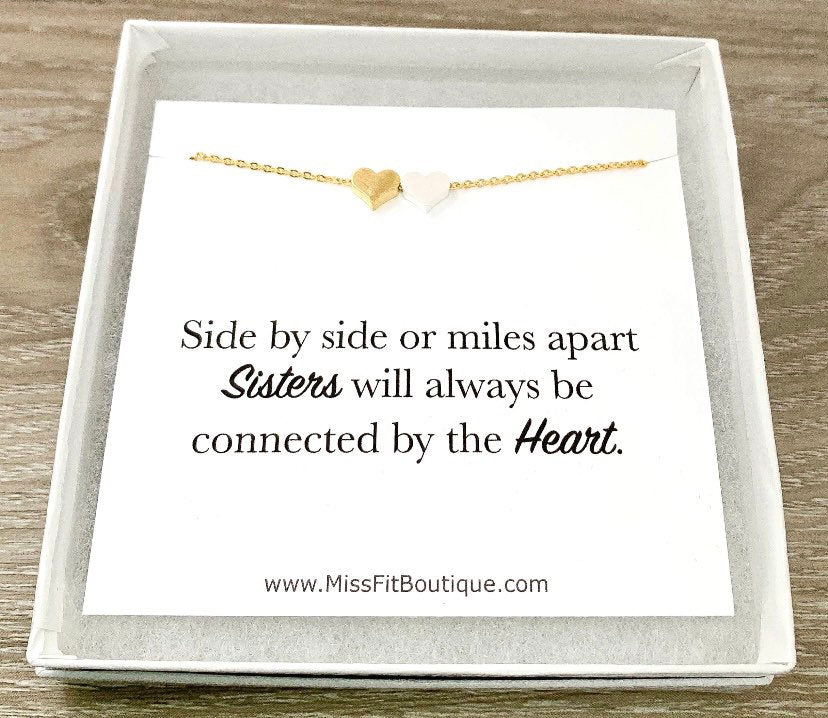 Side by Side, Sisters, Two Heart Necklace with Card, Rose Gold, Silver