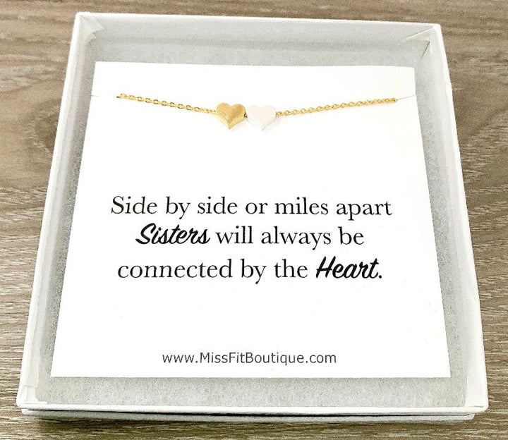 Side by Side, Sisters, Two Heart Necklace with Card, Rose Gold, Silver