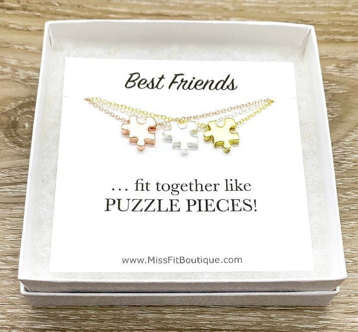 Ensemble de 3 colliers pour meilleures amies, colliers puzzle assortis, bijoux puzzle en or rose, carte citation amitié, cadeau pour amies, bijoux à partager