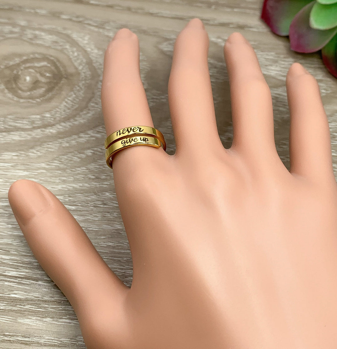 Never Give Up Wrap Ring, Motivational Jewelry, Inspirational Gift, Uplifting Jewelry, Midi Ring, Statement Ring, Gift for Friend, Self Love