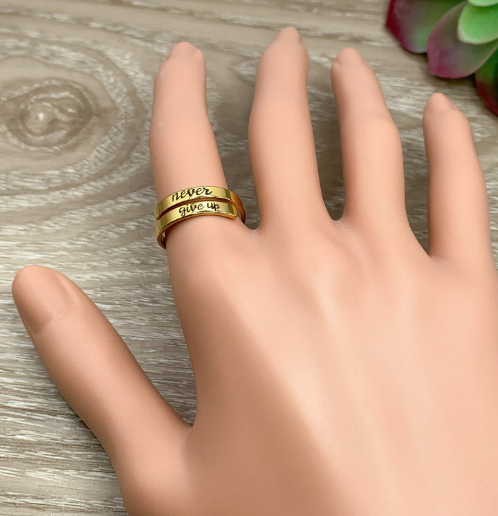 Never Give Up Wrap Ring, Motivational Jewelry, Inspirational Gift, Uplifting Jewelry, Midi Ring, Statement Ring, Gift for Friend, Self Love