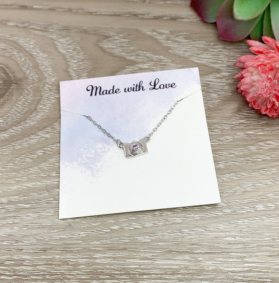 Collier mini appareil photo, argent sterling et zirconiums, cadeau pour photographe, cadeau pour photographe de mariage, cadeau de départ à la retraite, cadeau pour demoiselle d'honneur