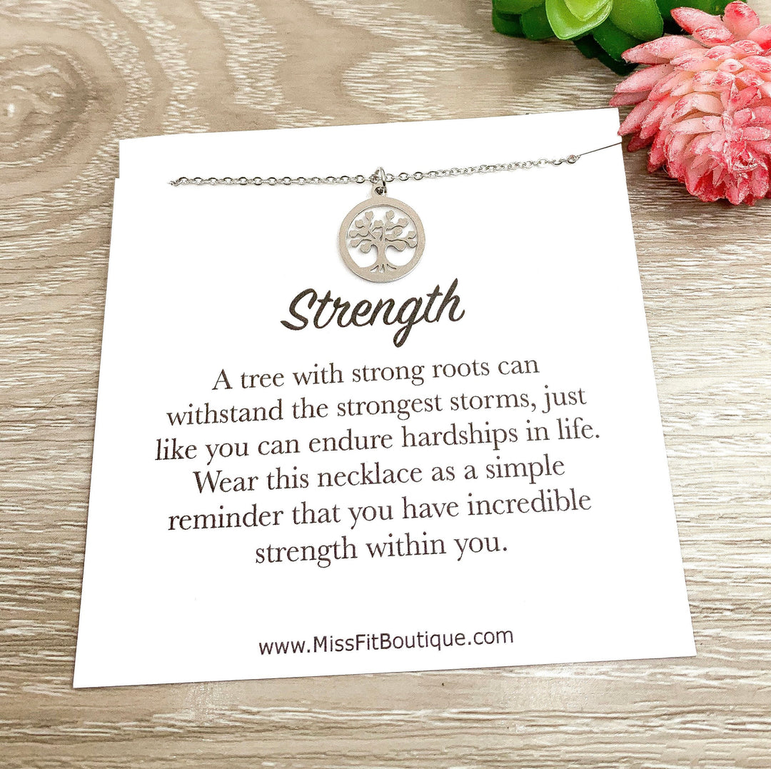 Tree Necklace Silver, Strength Jewelry, A Tree with Strong Roots, Inspirational Card, Nature Lover Gift, Gift for Fighter, Uplifting Gift