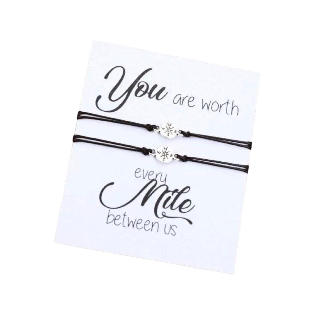 Carte « Tu vaux chaque kilomètre qui nous sépare », bracelets porte-bonheur boussole assortis, ensemble de bracelets boussole pour deux, cadeau d'amitié à distance