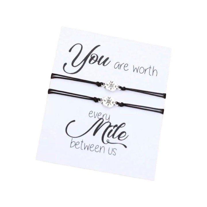 Carte « Tu vaux chaque kilomètre qui nous sépare », bracelets porte-bonheur boussole assortis, ensemble de bracelets boussole pour deux, cadeau d'amitié à distance
