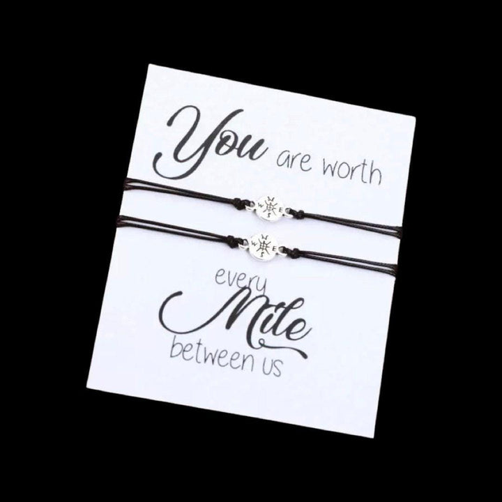 Carte « Tu vaux chaque kilomètre qui nous sépare », bracelets porte-bonheur boussole assortis, ensemble de bracelets boussole pour deux, cadeau d'amitié à distance
