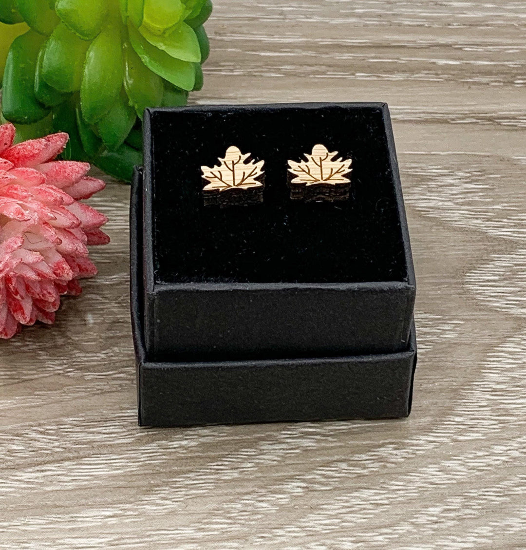 Maple Leaf Earrings, Wooden Stud Earrings, Leafy Jewelry, Canadian Earrings, Natural Wood Earrings, Canada Day Studs, Autumn Jewelry for Her