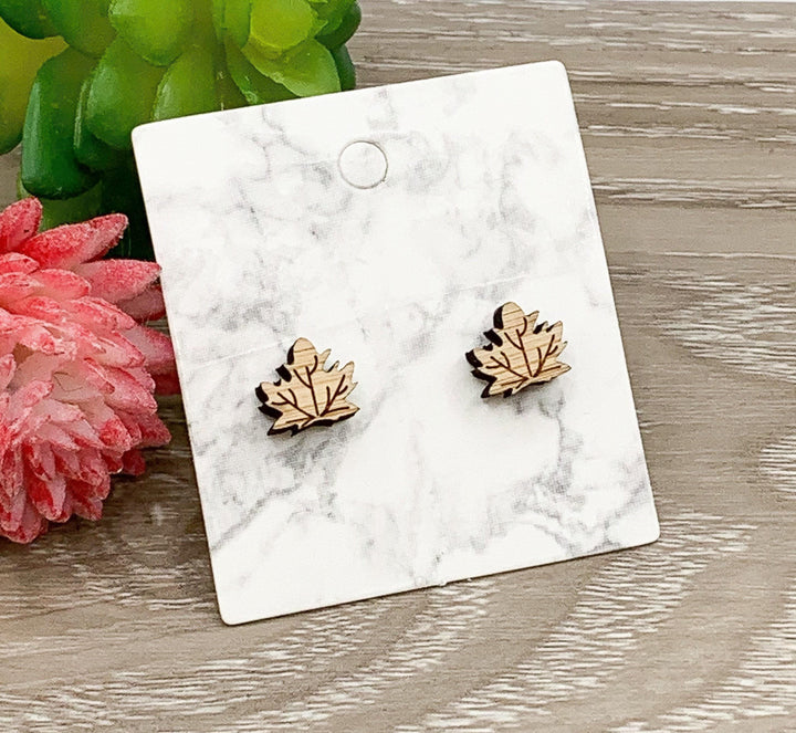Maple Leaf Earrings, Wooden Stud Earrings, Leafy Jewelry, Canadian Earrings, Natural Wood Earrings, Canada Day Studs, Autumn Jewelry for Her