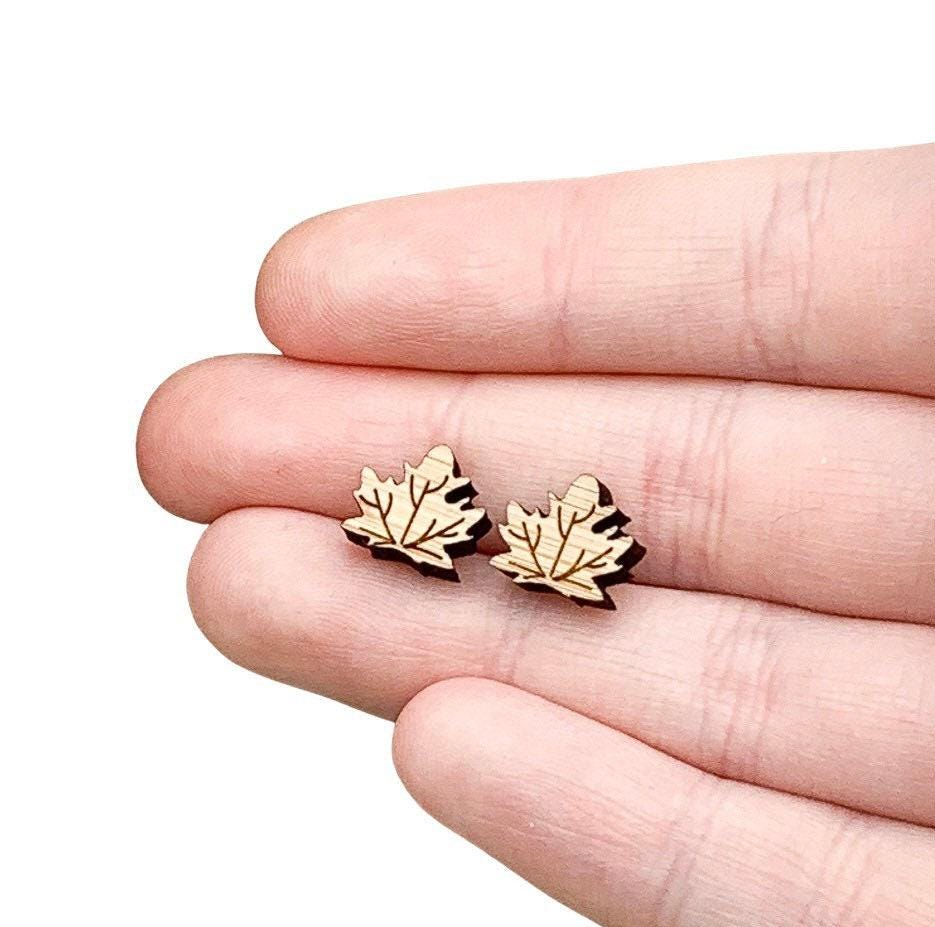 Maple Leaf Earrings, Wooden Stud Earrings, Leafy Jewelry, Canadian Earrings, Natural Wood Earrings, Canada Day Studs, Autumn Jewelry for Her