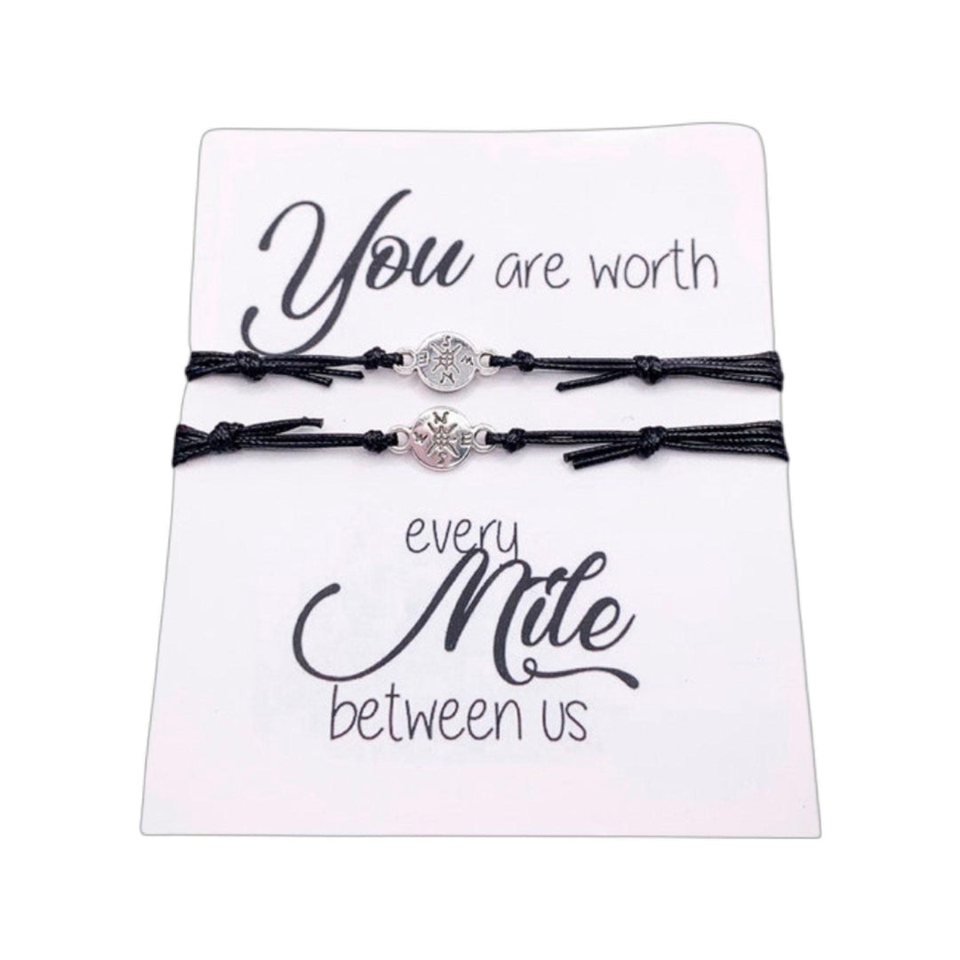 Carte « Tu vaux chaque kilomètre qui nous sépare », bracelets porte-bonheur boussole assortis, ensemble de bracelets boussole pour deux, cadeau d'amitié à distance