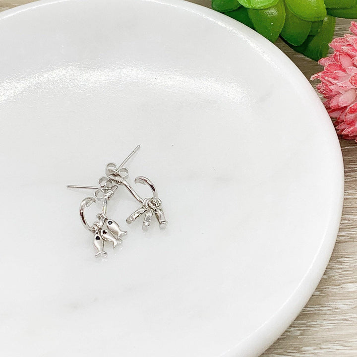 Boucles d'oreilles pêche, Puces d'oreilles trois poissons, Puces d'oreilles hameçon, Bijoux en argent sterling, Bijoux hameçon pour femme, Boucles d'oreilles pêcheur