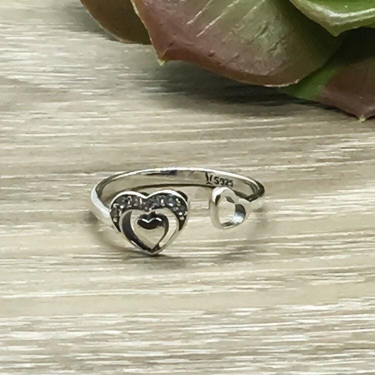 Bague cœur en argent sterling 925, bijou cœur délicat, bague double cœur, bague ajustable pour femme, bague d'anniversaire pour épouse