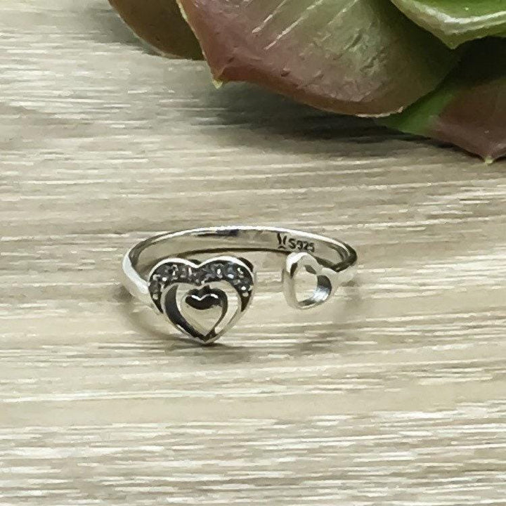 Bague cœur en argent sterling 925, bijou cœur délicat, bague double cœur, bague ajustable pour femme, bague d'anniversaire pour épouse