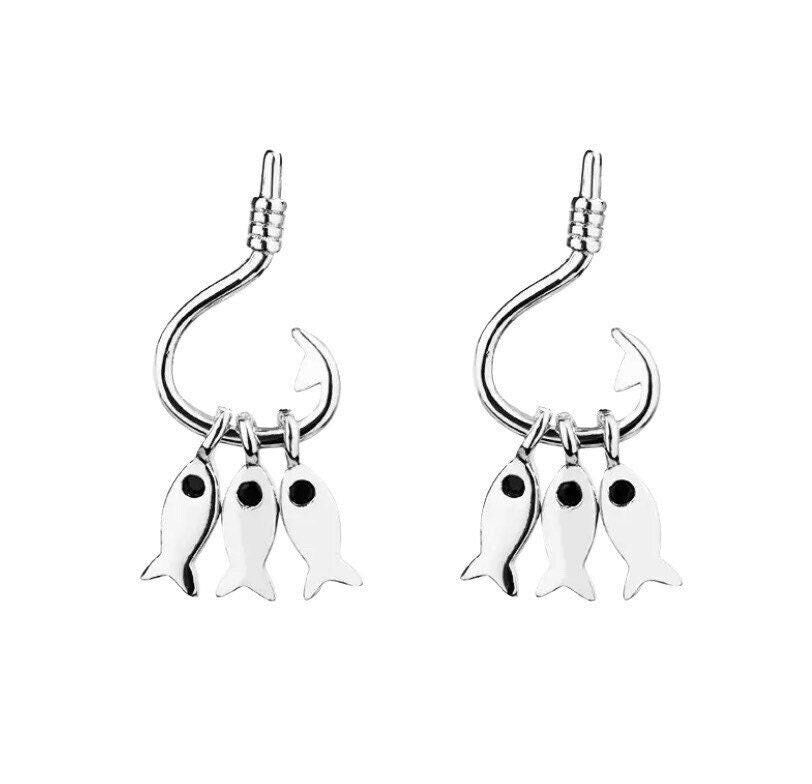 Boucles d'oreilles pêche, Puces d'oreilles trois poissons, Puces d'oreilles hameçon, Bijoux en argent sterling, Bijoux hameçon pour femme, Boucles d'oreilles pêcheur
